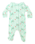 back view of girls playsuit with ruffle collar and green retro reindeer pattern in softest pima