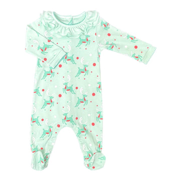 Heyward House girls playsuit with ruffle collar and green retro reindeer pattern in pima cotton