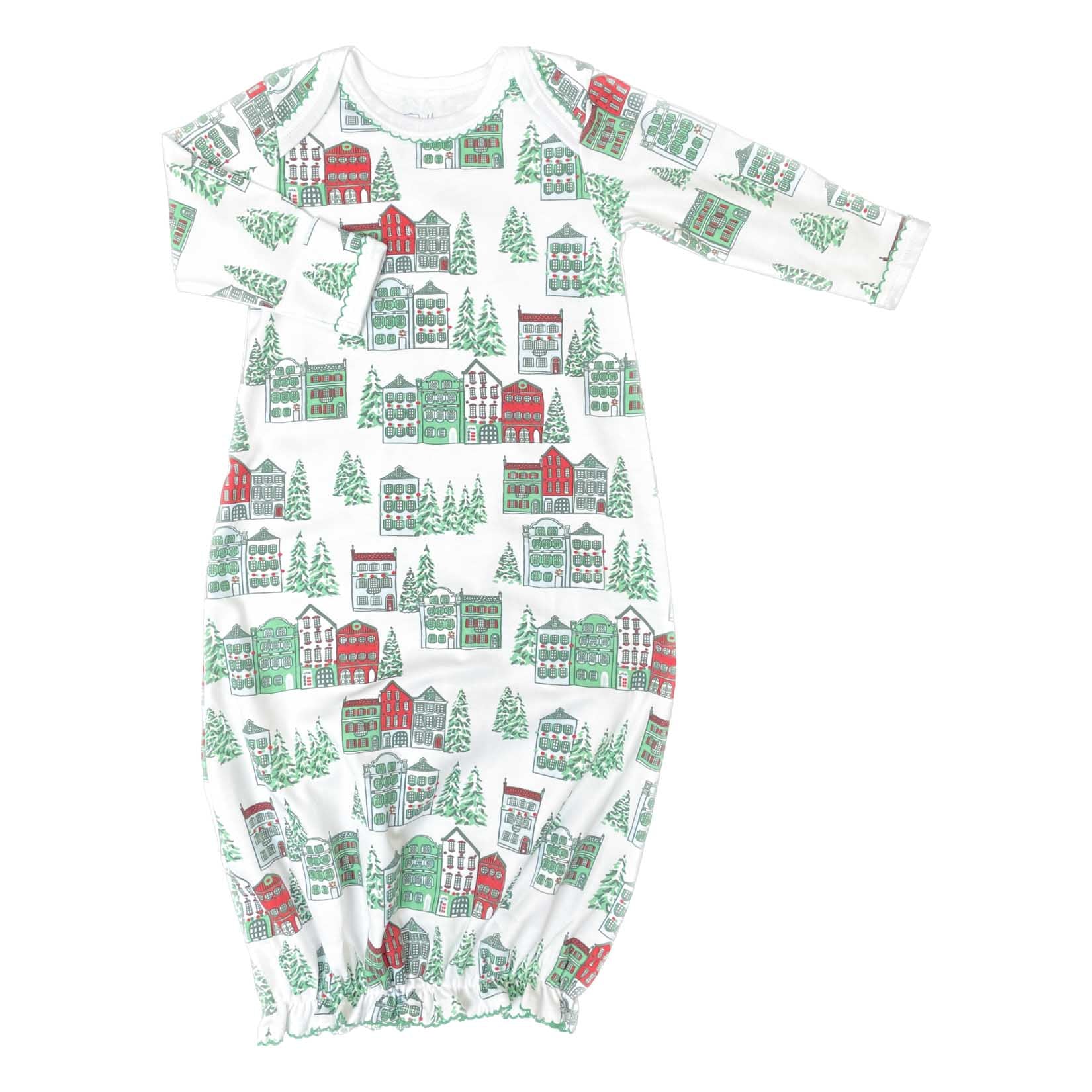 Heyward House Pima Cotton Gown with Christmas Houses inspired by Charleston&#39;s Rainbow Row