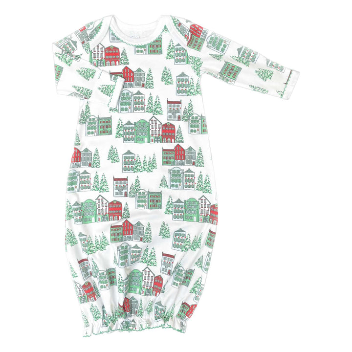 Heyward House Pima Cotton Gown with Christmas Houses inspired by Charleston's Rainbow Row