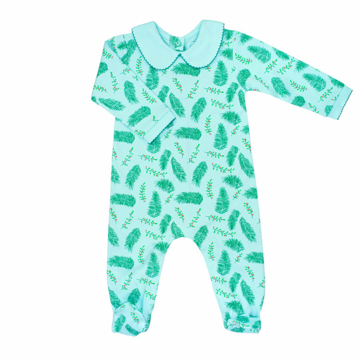 blue boys playsuit with classic peter-pan collar and vintage Christmas holly pattern made in pima cotton