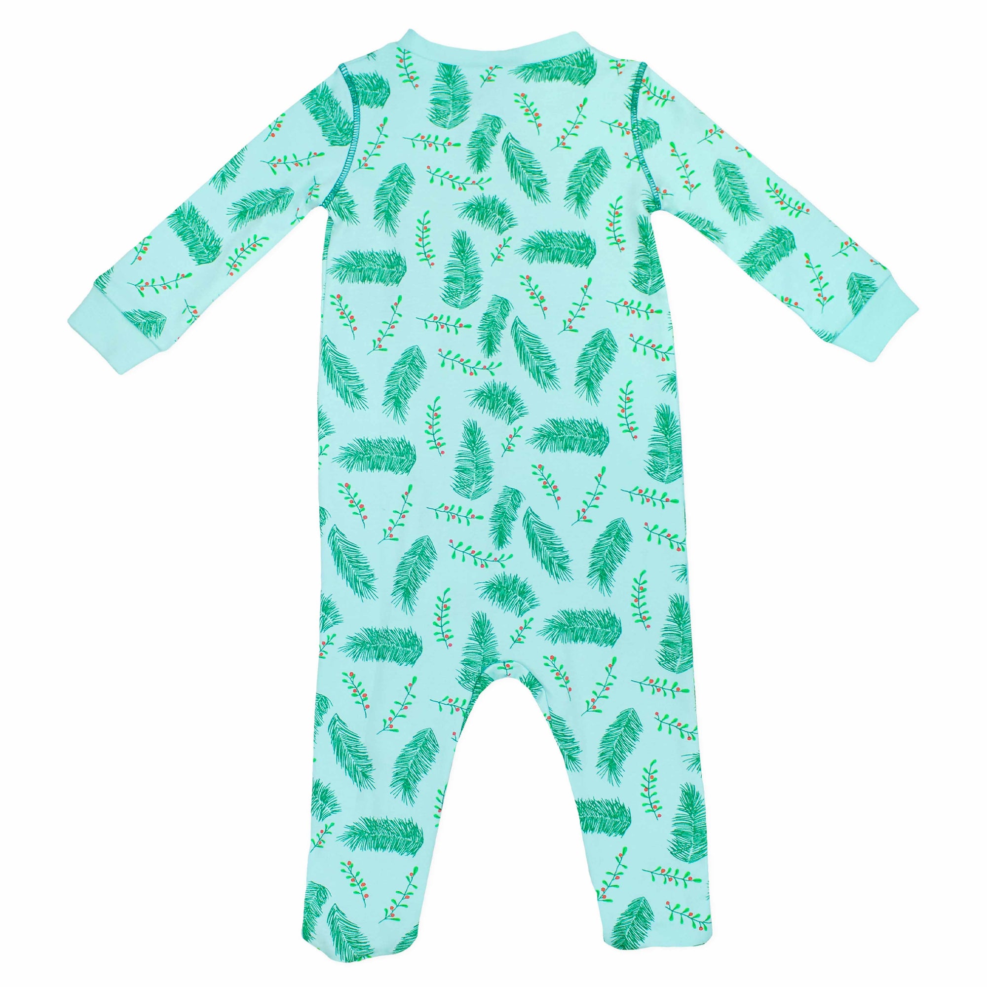 Light blue footed pajama with vintage Christmas holly pattern made in pima cotton - back view