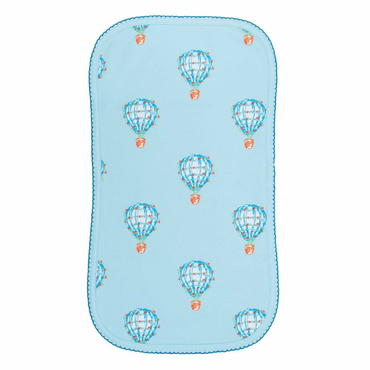Light blue burp cloth with hot air balloon pattern made in pima cotton