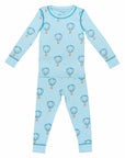 Light blue two-piece pajama set with hot air balloon pattern made in pima cotton