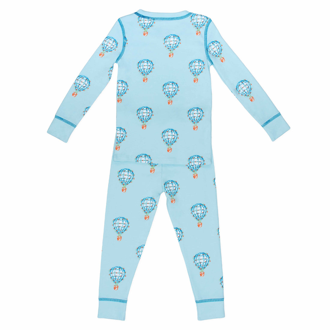 Light blue two-piece pajama set with hot air balloon pattern in pima cotton - back view