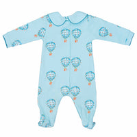 Light blue boys playsuit with classic peter-pan collar and hot air balloon pattern made in pima cotton - back view
