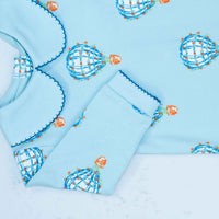 Close-up of Light blue boys playsuit with classic peter-pan collar and hot air balloon pattern made in pima cotton - back view