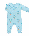 Light blue boys playsuit with classic peter-pan collar and hot air balloon pattern made in pima cotton