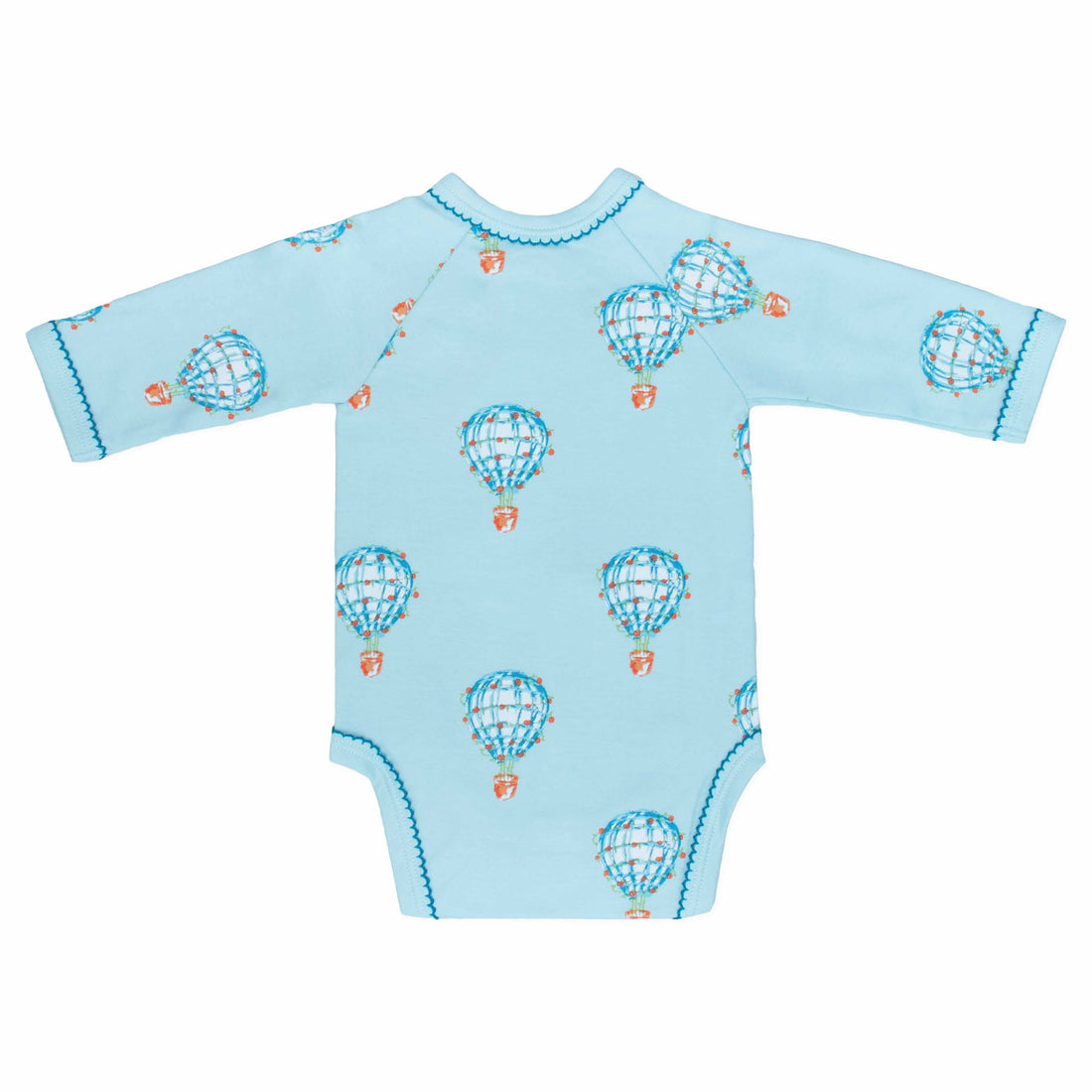 Light blue kimono with hot air balloon pattern made in pima cotton - back view