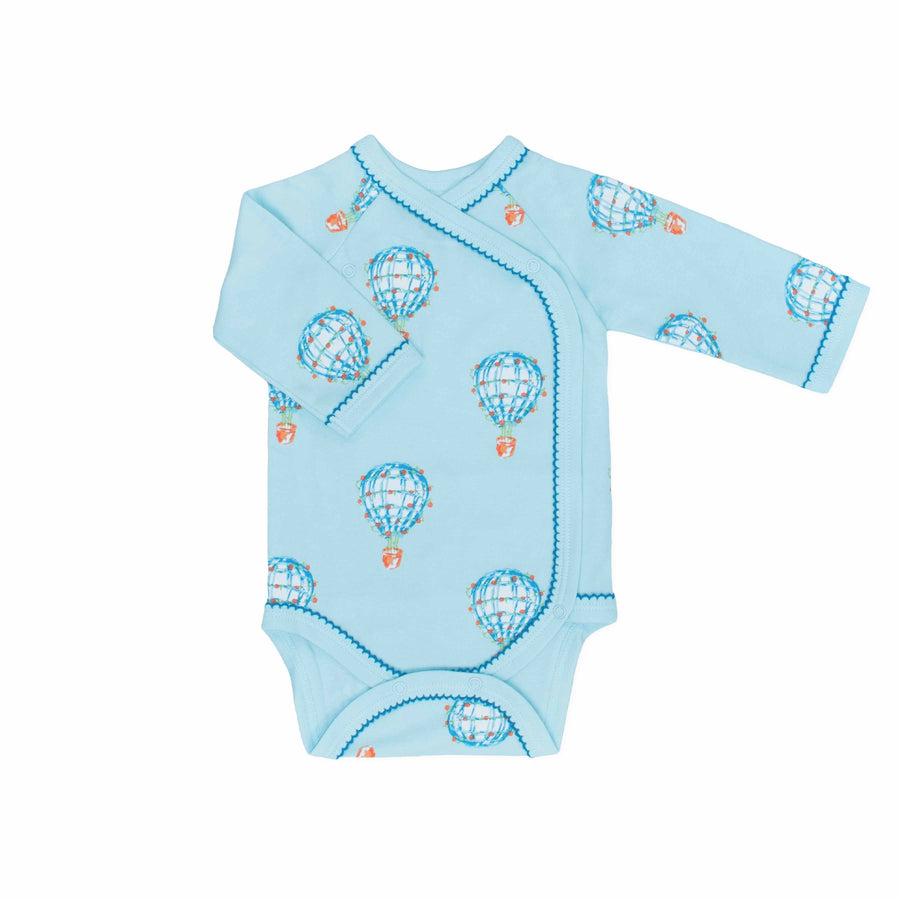 Light blue kimono with hot air balloon pattern made in pima cotton