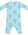 Light blue footed pajama with hot air balloon pattern made in pima cotton - back view