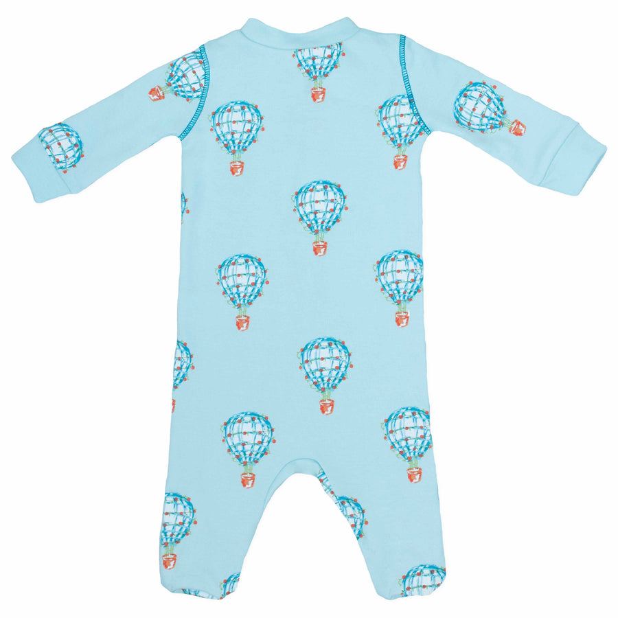 Light blue footed pajama with hot air balloon pattern made in pima cotton - back view