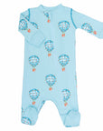 Light blue footed pajama with hot air balloon pattern made in pima cotton