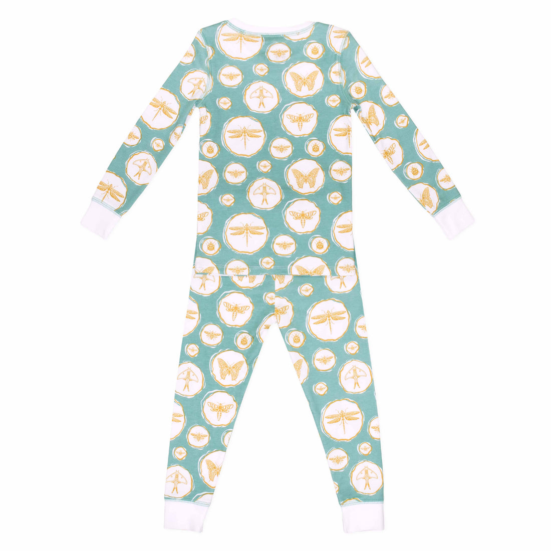 Green and gold two-piece pajama set with bug and insect pattern made with pima cotton - back view