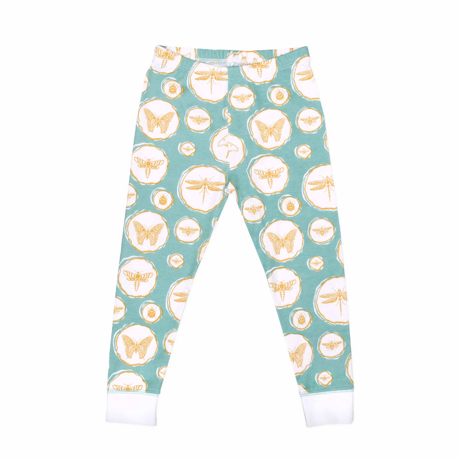 Green and gold two-piece pajama bottoms with bug and insect pattern made with pima cotton