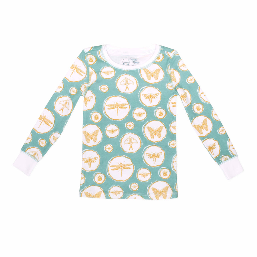 Green and gold two-piece pajama top with bug and insect pattern made with pima cotton