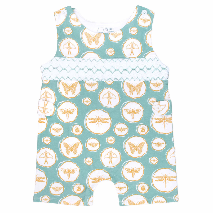 Sea green jon-jon with smocking and bugs and insects pattern made in pima cotton