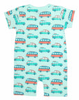 Light green boys romper with chest pocket and car pattern made in pima cotton - back view