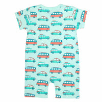 Light green boys romper with chest pocket and car pattern made in pima cotton - back view