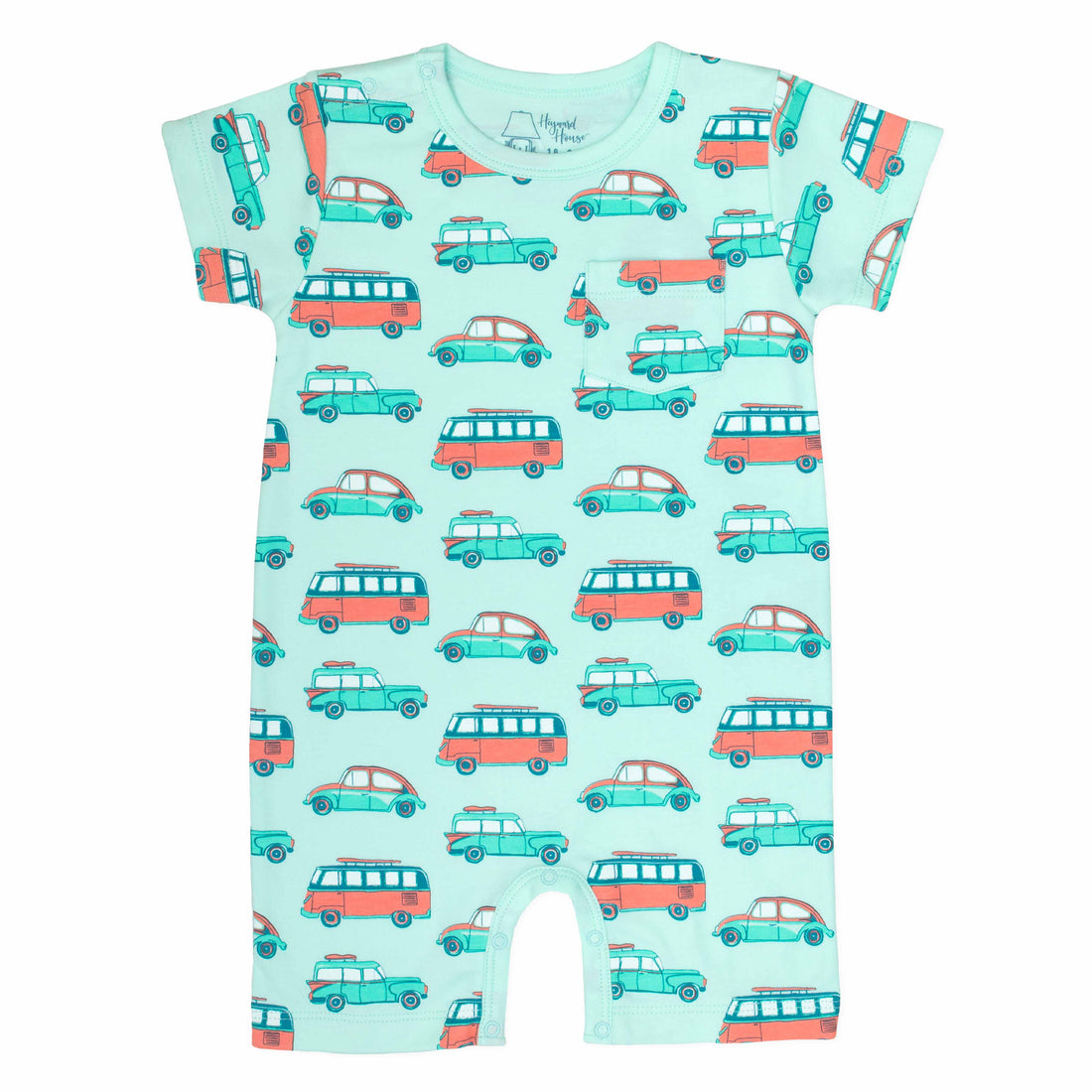 Light green boys romper with chest pocket and car pattern made in pima cotton