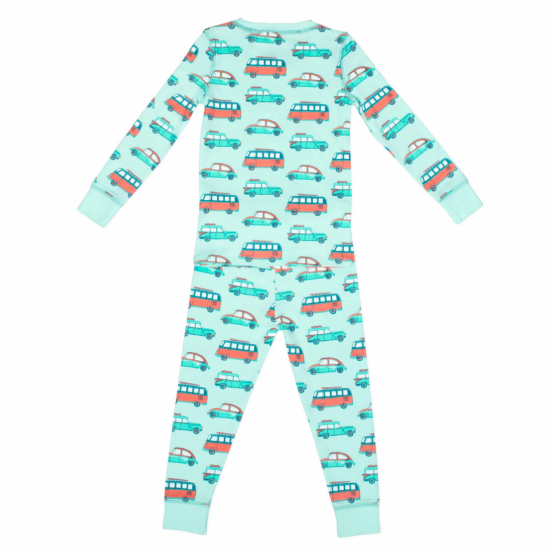 Light Green and orange two-piece pajama set with cars pattern made with pima cotton - back view