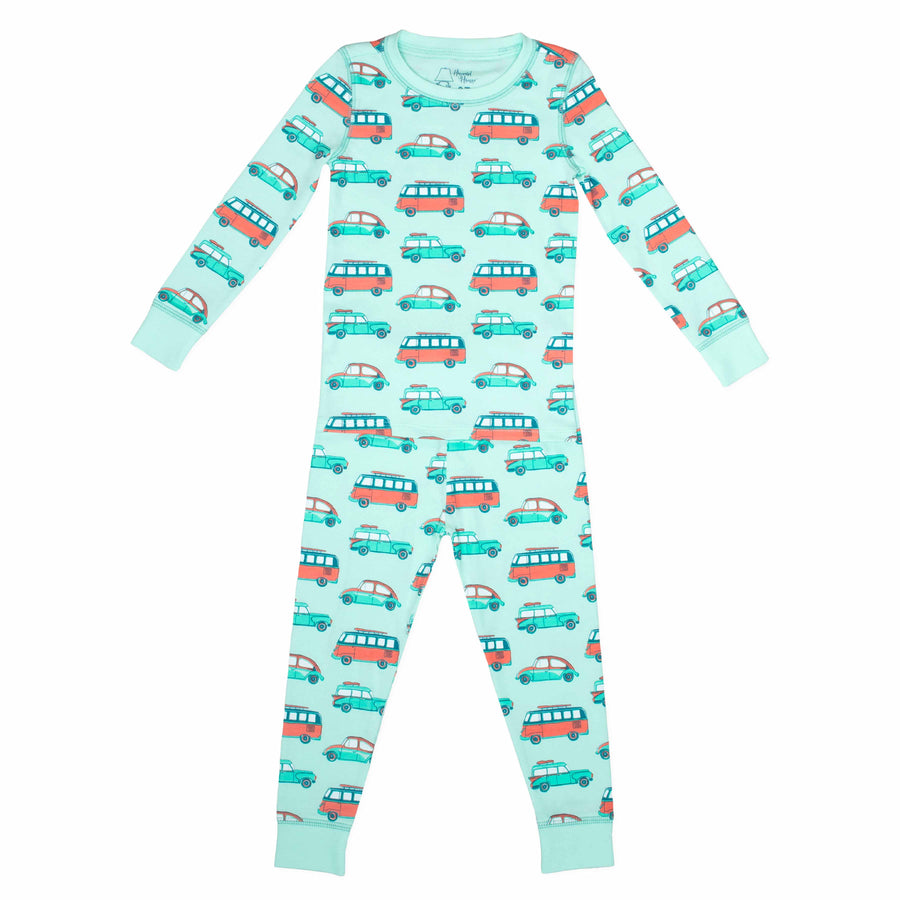 Light Green and orange two-piece pajama set with cars pattern made with pima cotton