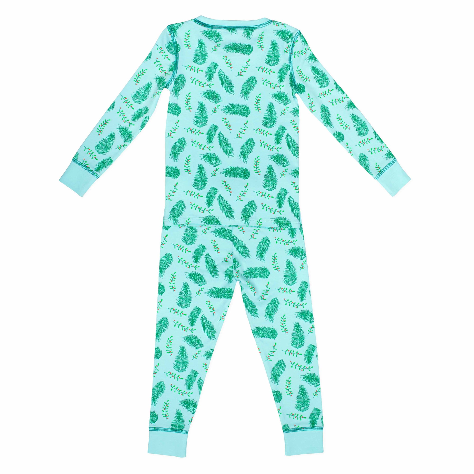 Blue two-piece pajama set with vintage Christmas holly pattern made with pima cotton - back view