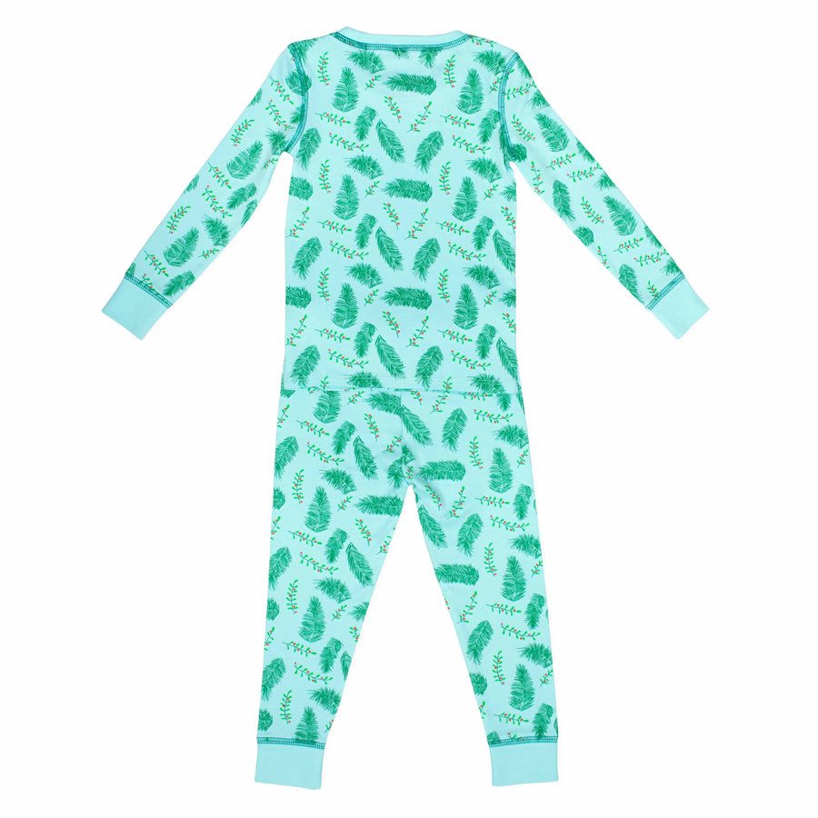 Blue two-piece pajama set with vintage Christmas holly pattern made with pima cotton - back view