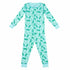 Blue two-piece pajama set with vintage Christmas holly pattern made with pima cotton