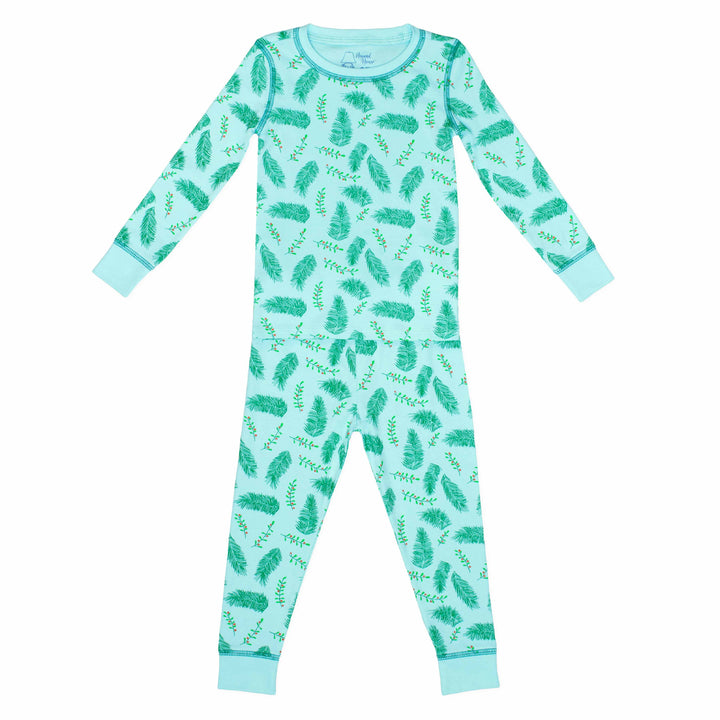 Blue two-piece pajama set with vintage Christmas holly pattern made with pima cotton