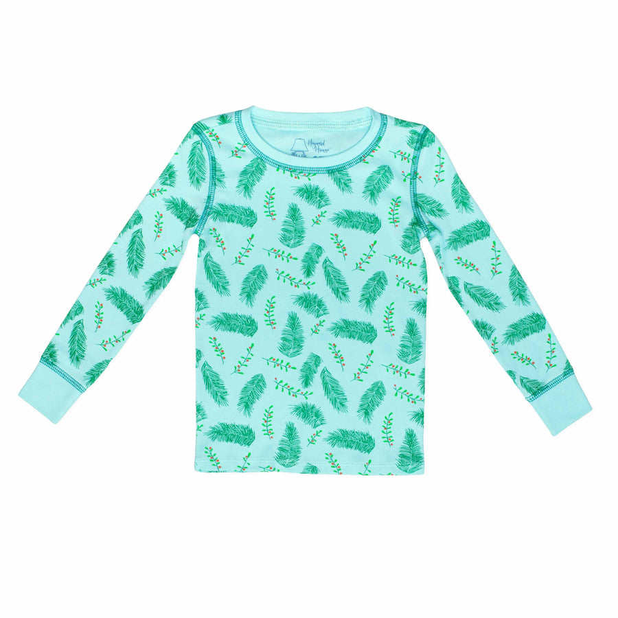 Blue two-piece pajama top with vintage Christmas holly pattern made with pima cotton