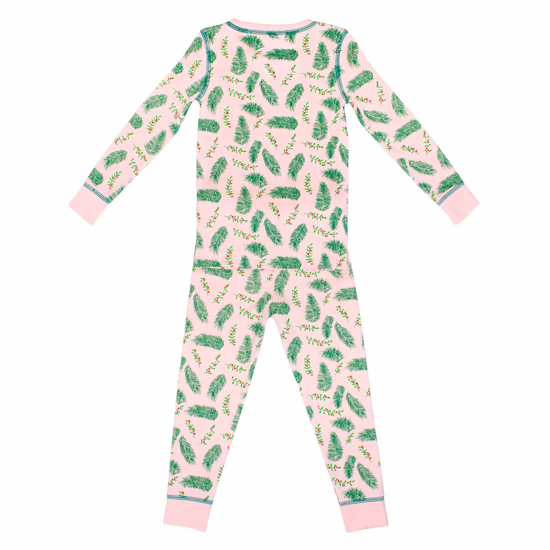Pink two-piece pajama set with vintage Christmas holly pattern made with pima cotton - back view