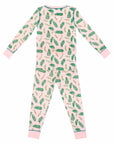 Pink two-piece pajama set with vintage Christmas holly pattern made with pima cotton - back view