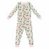 Pink two-piece pajama set with vintage Christmas holly pattern made with pima cotton