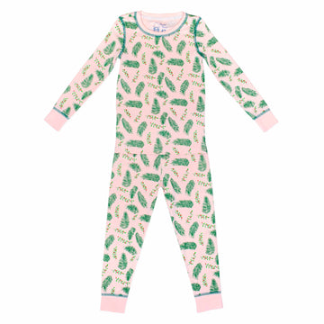 Pink two-piece pajama set with vintage Christmas holly pattern made with pima cotton