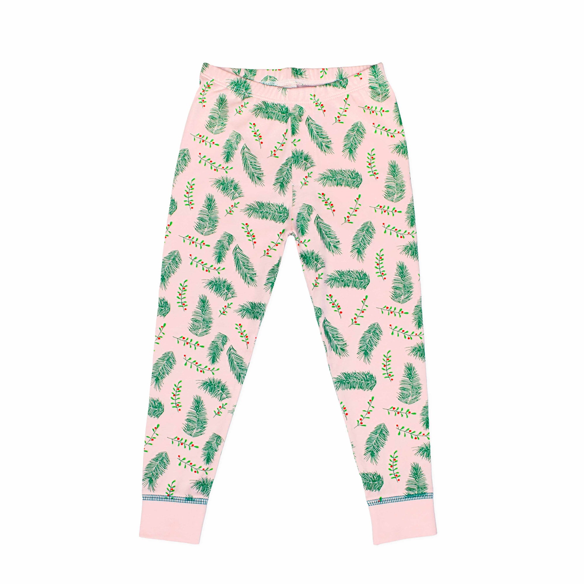 Pink two-piece pajama bottoms with vintage Christmas holly pattern made with pima cotton