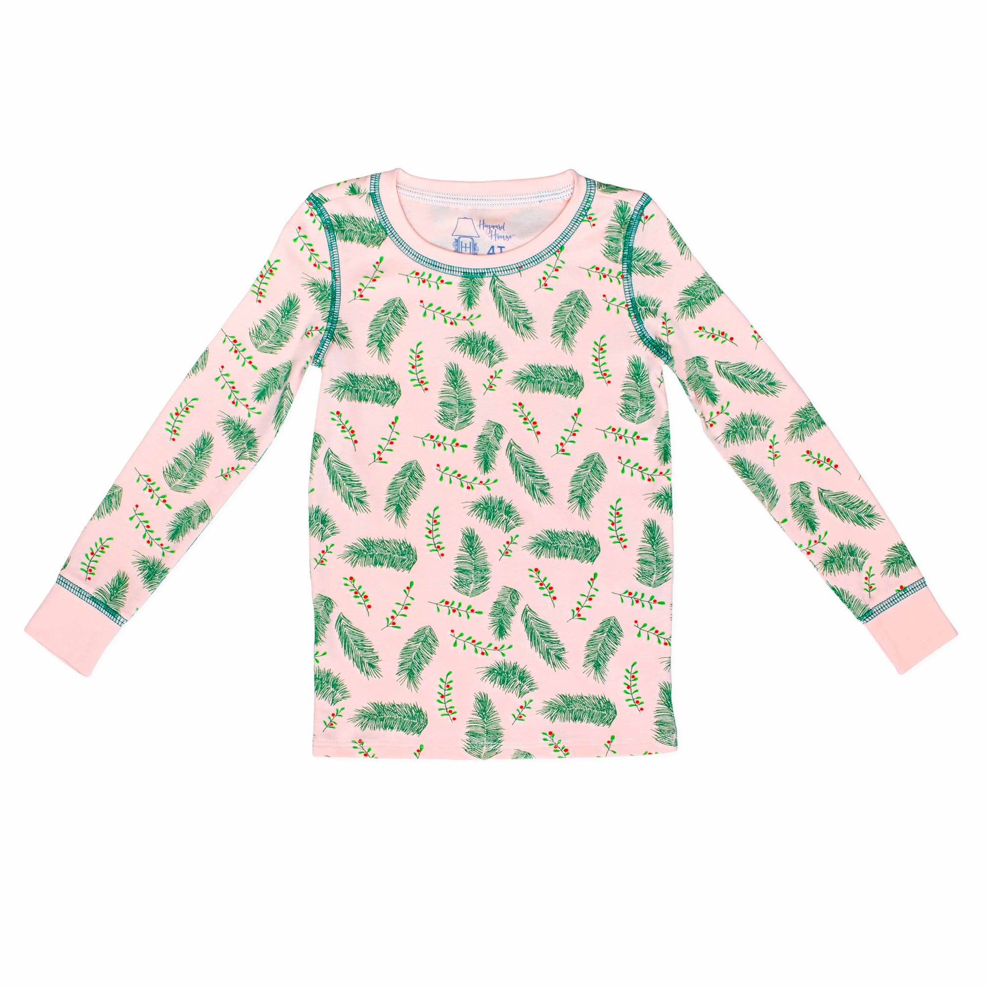 Pink two-piece pajama top with vintage Christmas holly pattern made with pima cotton