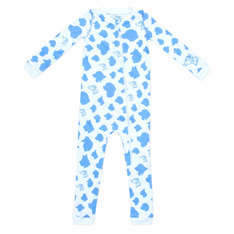White zippered pajama with dog silhouettes pattern made in pima cotton