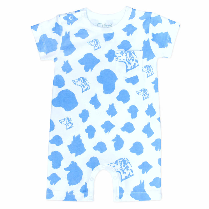 White boys romper with chest pocket and dog silhouettes pattern made in pima cotton