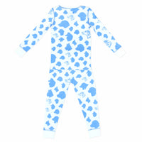White and blue two-piece pajama set with dog pattern made with pima cotton - back view