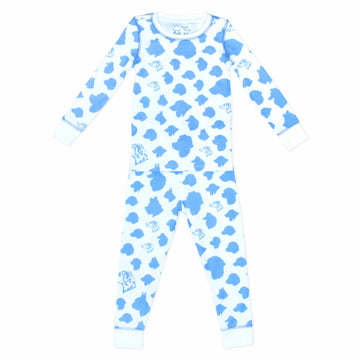 White and blue two-piece pajama set with dog pattern made with pima cotton