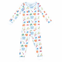White two-piece pajama set with fruit and vegetable pattern made with pima cotton