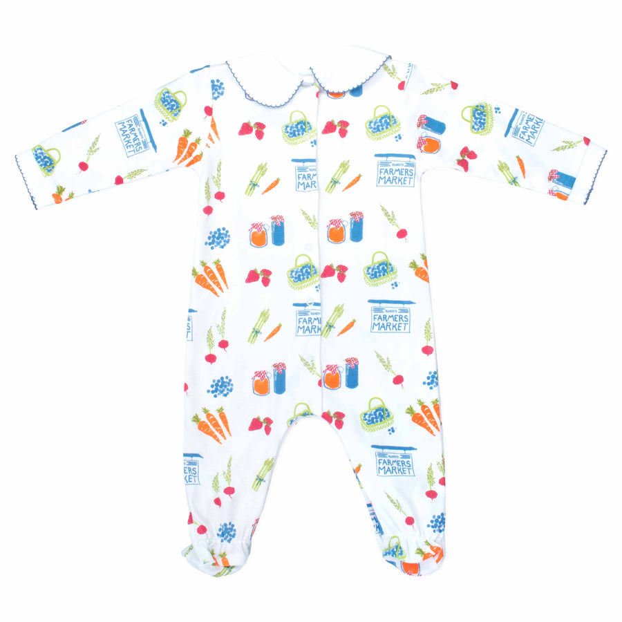 White boys playsuit with classic peter-pan collar and fruit and vegetable pattern made in pima cotton - back view
