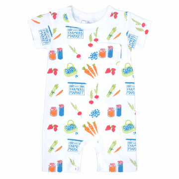 White boys romper with chest pocket and fruit and vegetable pattern made in pima cotton
