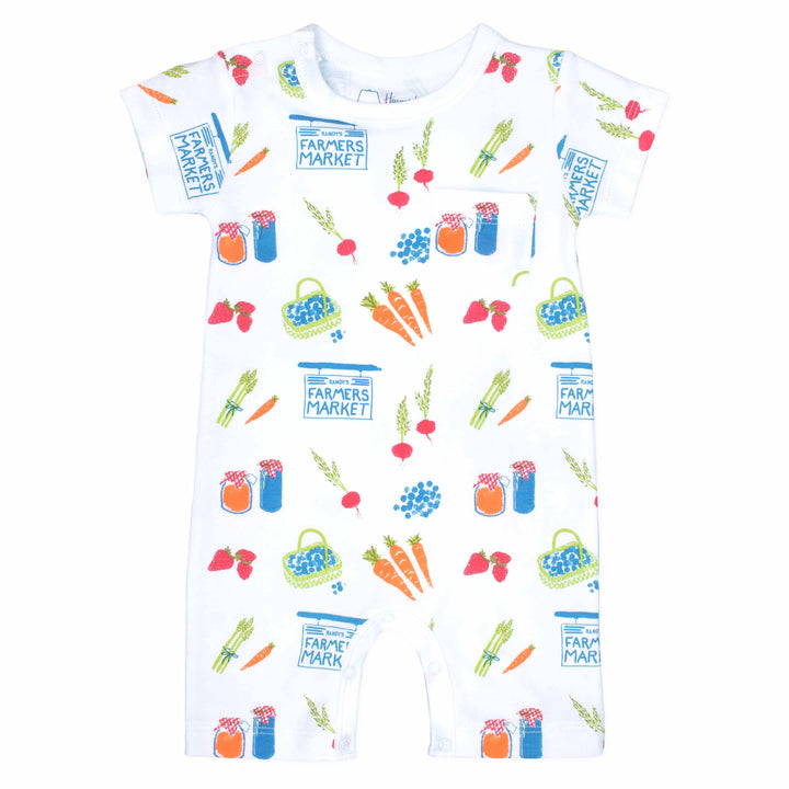 White boys romper with chest pocket and fruit and vegetable pattern made in pima cotton