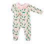 pink girls playsuit with classic ruffled collar and vintage Christmas holly pattern made in pima cotton