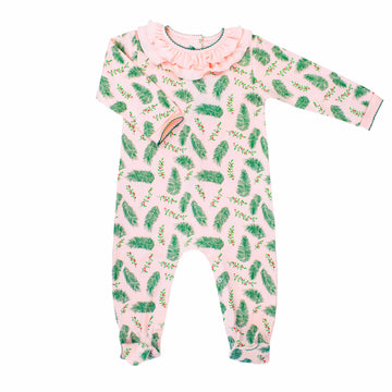 pink girls playsuit with classic ruffled collar and vintage Christmas holly pattern made in pima cotton