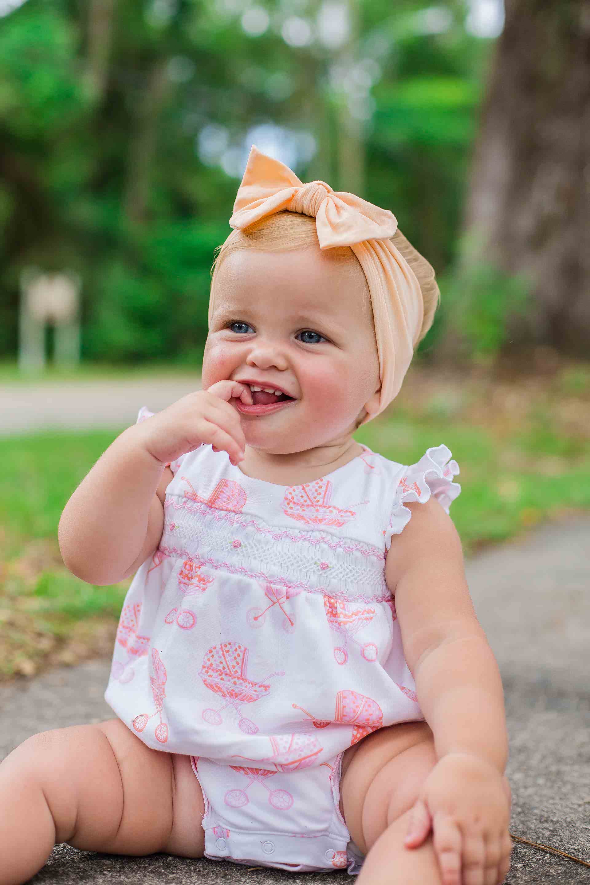 Southern Smocked Bubble for girls with Pink Polka Dots Heyward House