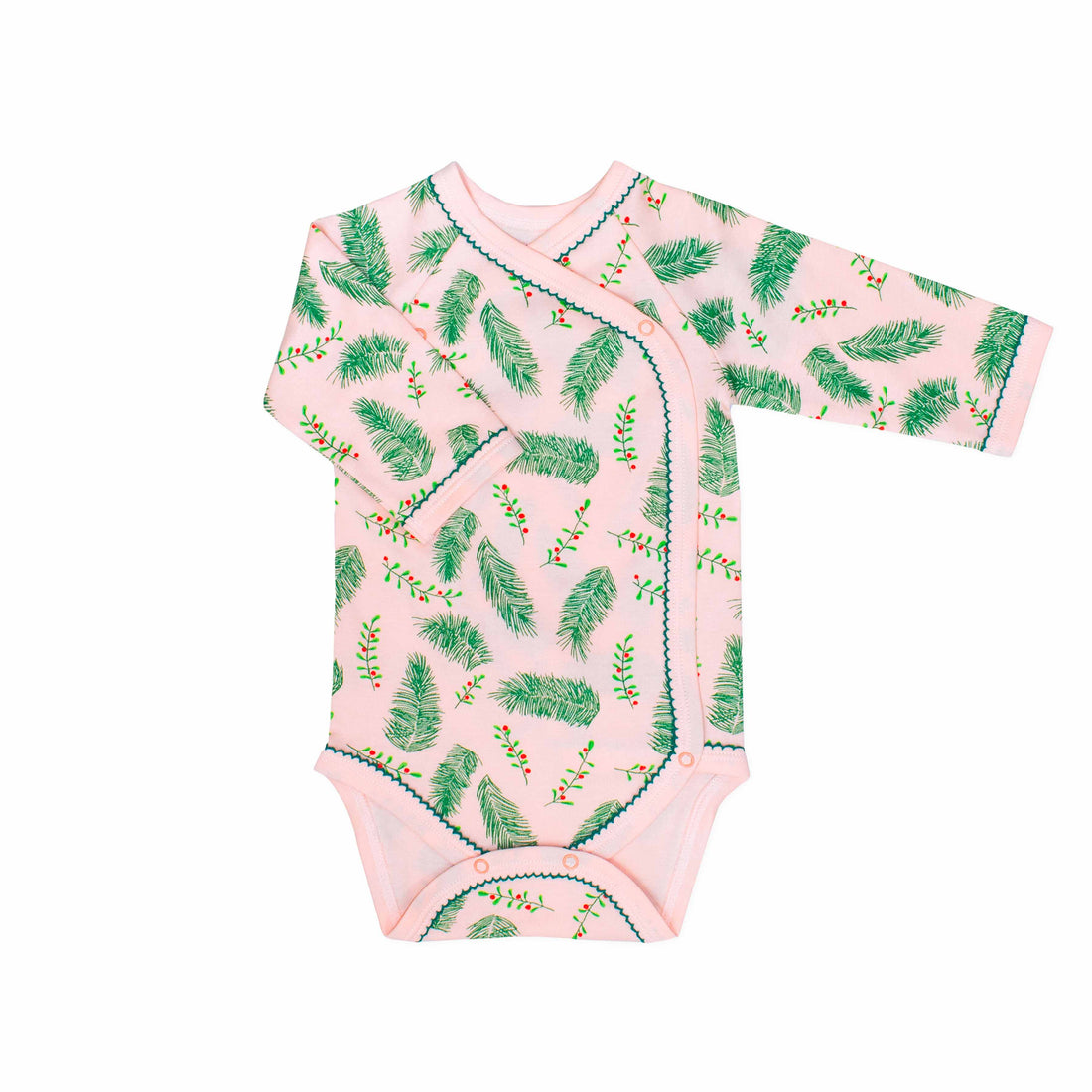Pink kimono with vintage Christmas holly pattern made in pima cotton