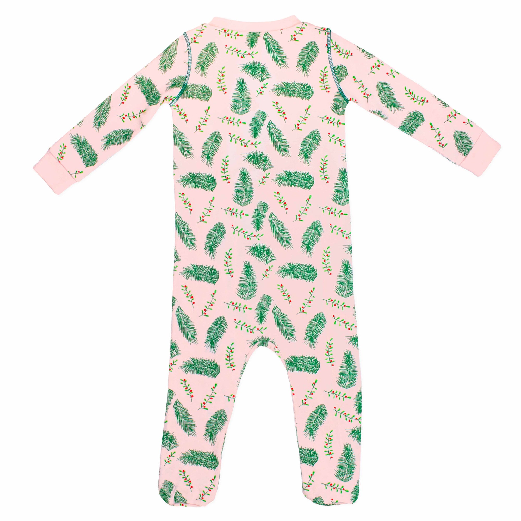 Light pink footed pajama with vintage-inspired Christmas holly pattern made in pima cotton - back view